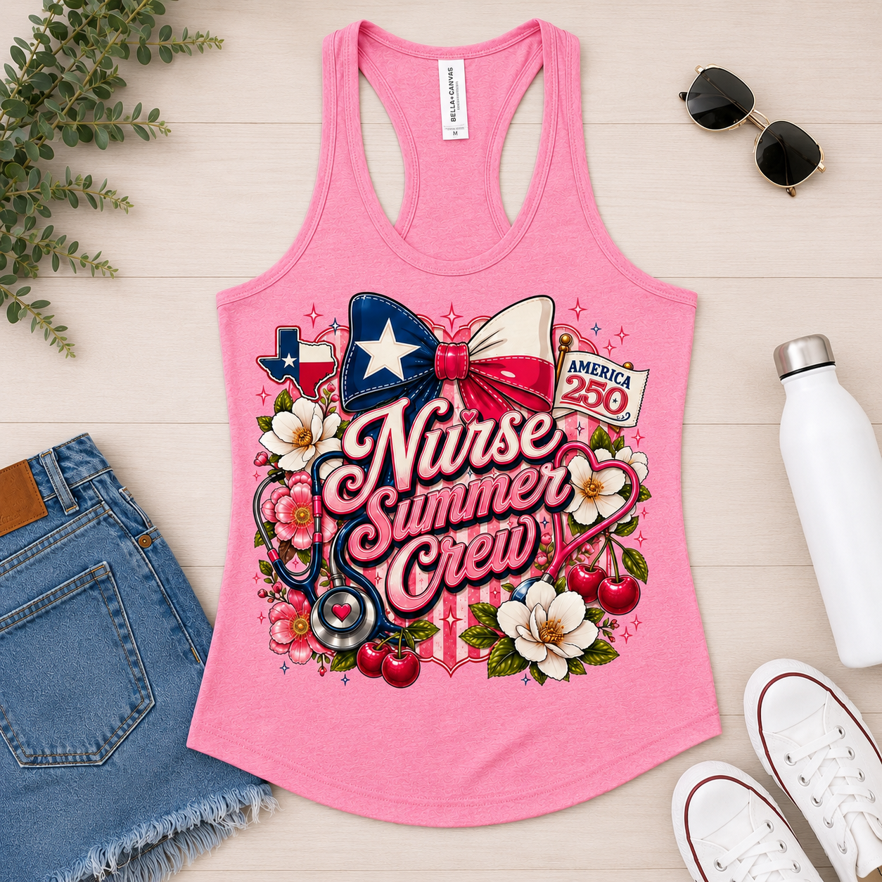 Nurse Summer Crew patriotic graphic printed on Bella Canvas 6008 women's racerback tank top in Charity Pink featuring red white and blue bow floral design.