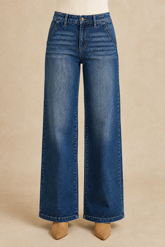 Centered front view of RISEN dark-wash high-rise wide-leg jeans with slanted pockets