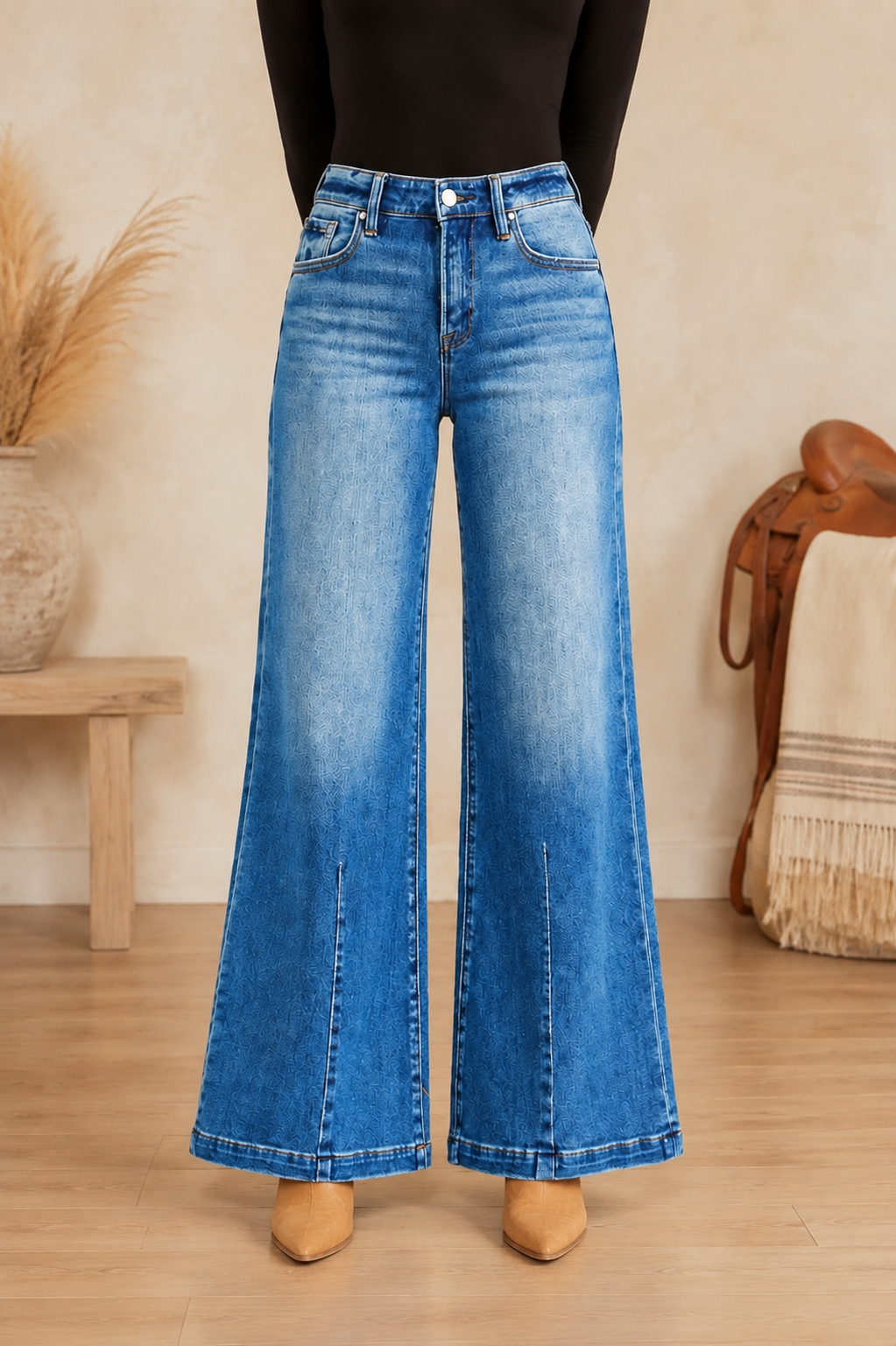 RISEN full-size medium-wash wide-leg flare jeans shown in a centered front view