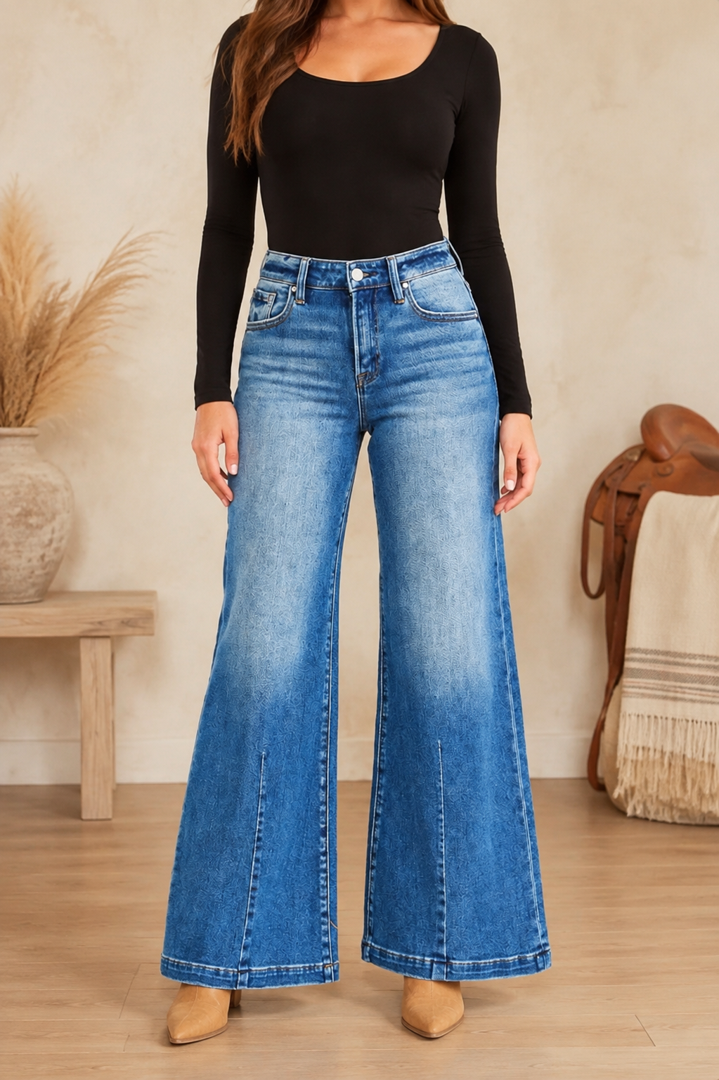 RISEN full-size mid-rise wide-leg flare jeans in medium-wash denim front view