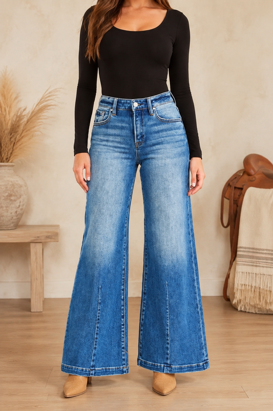 RISEN full-size mid-rise wide-leg flare jeans in medium-wash denim front view