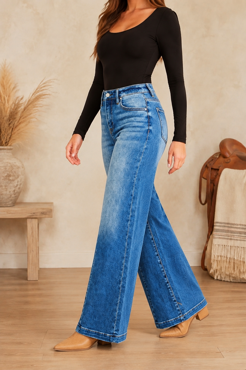 RISEN full-size medium-wash wide-leg flare jeans modeled in a three-quarter side walking pose
