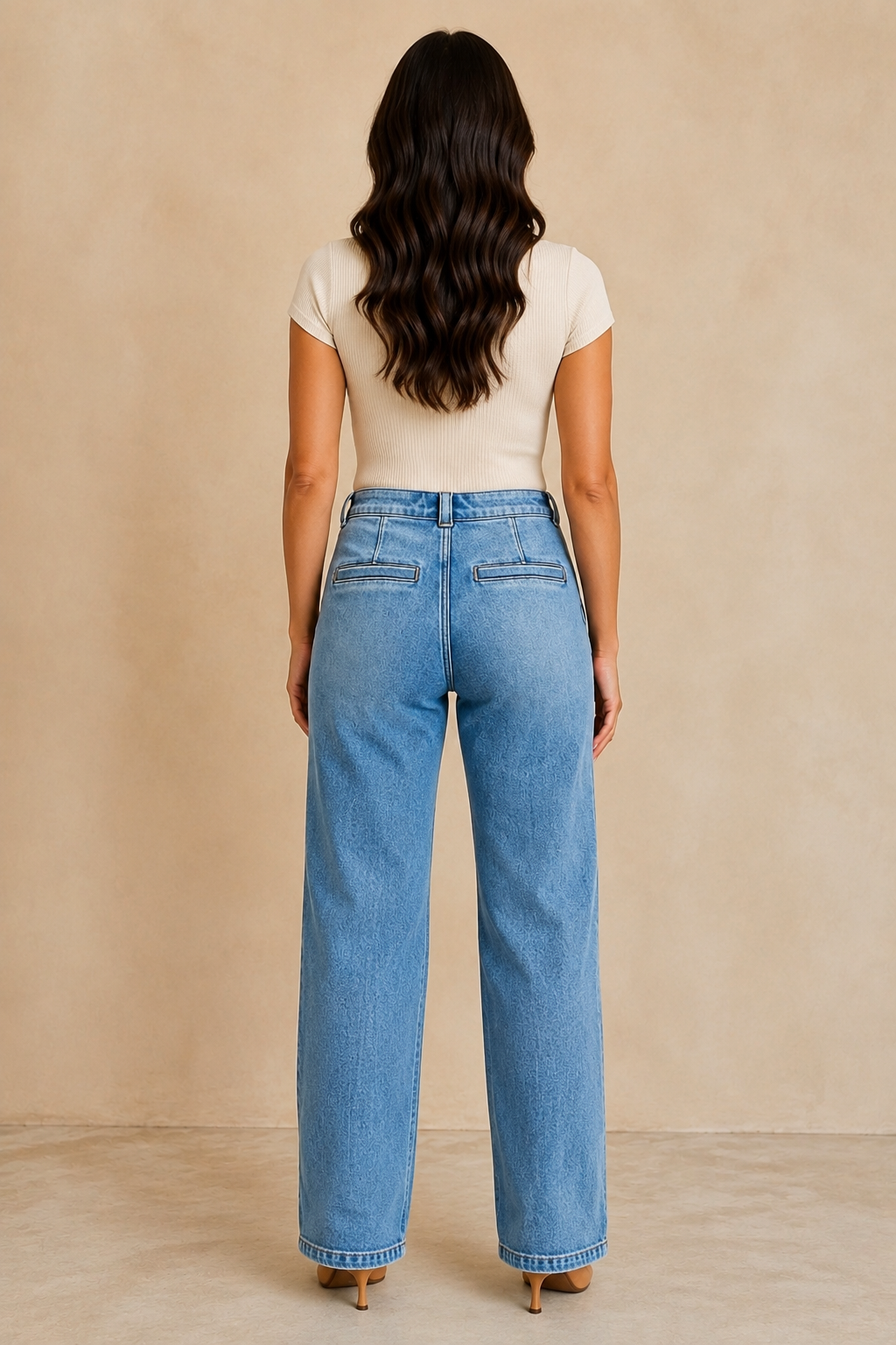 Back view of RISEN light-wash slouchy straight jeans with horizontal welt pockets