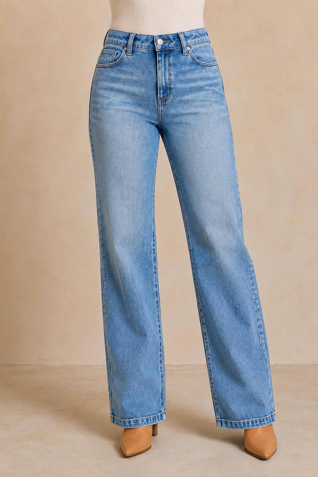 Centered front view of RISEN light-wash slouchy straight jeans with a relaxed fit