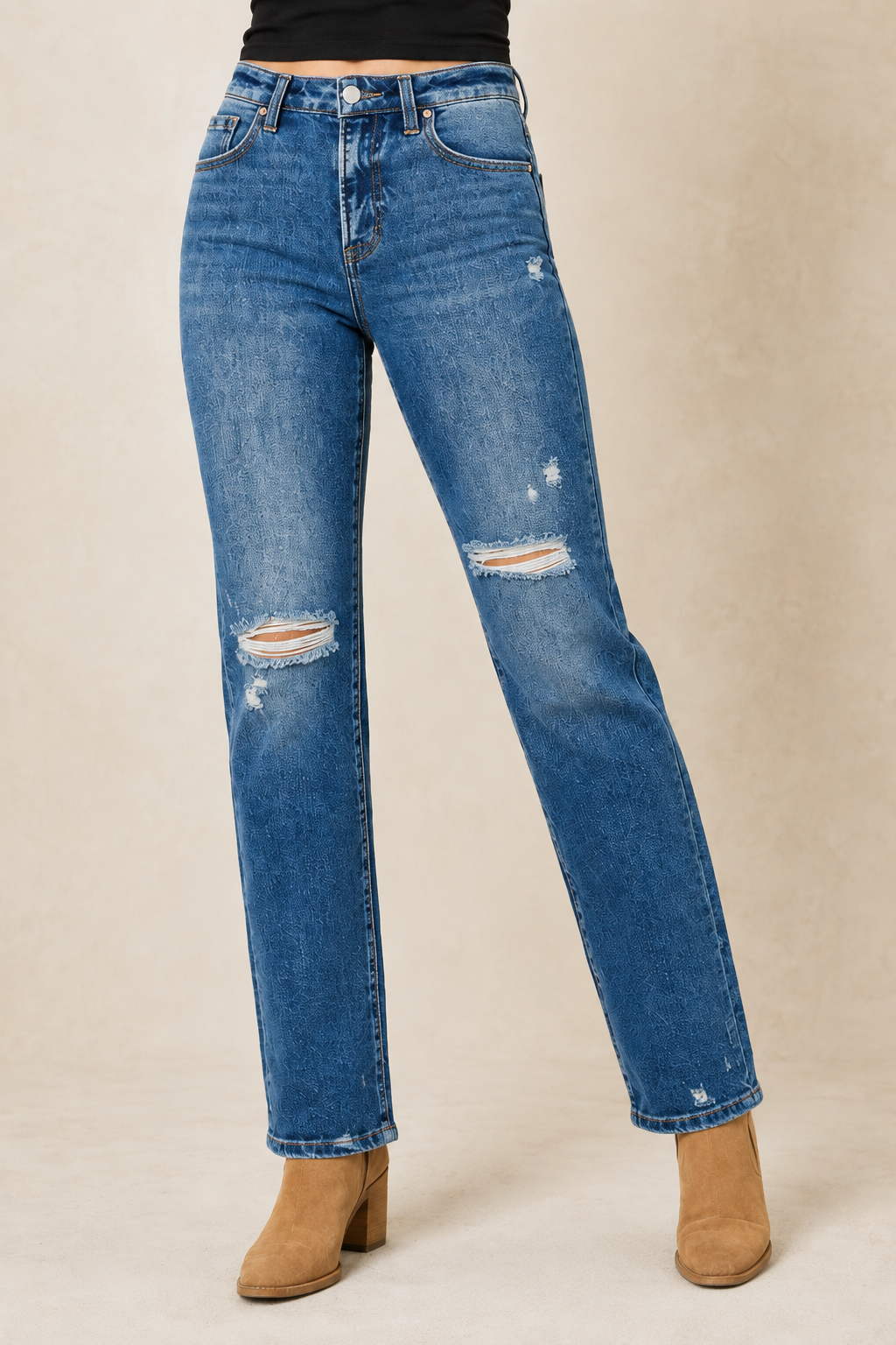 RISEN high-rise tummy-control straight distressed jeans modeled in an angled front view