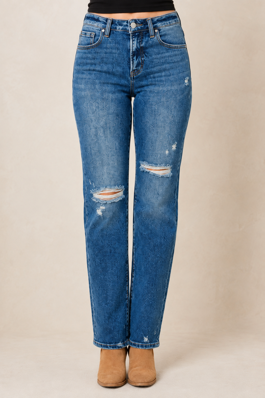 Centered front view of RISEN high-rise tummy-control straight distressed jeans
