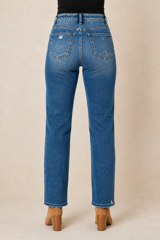 Full back view of RISEN high-rise tummy-control straight jeans with rear pockets