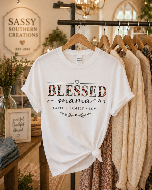 Blessed Mama Shirt – Mother’s Day Gift, Faith Family Love Tee, Christian Mom Shirt, Floral Mama Graphic Tee