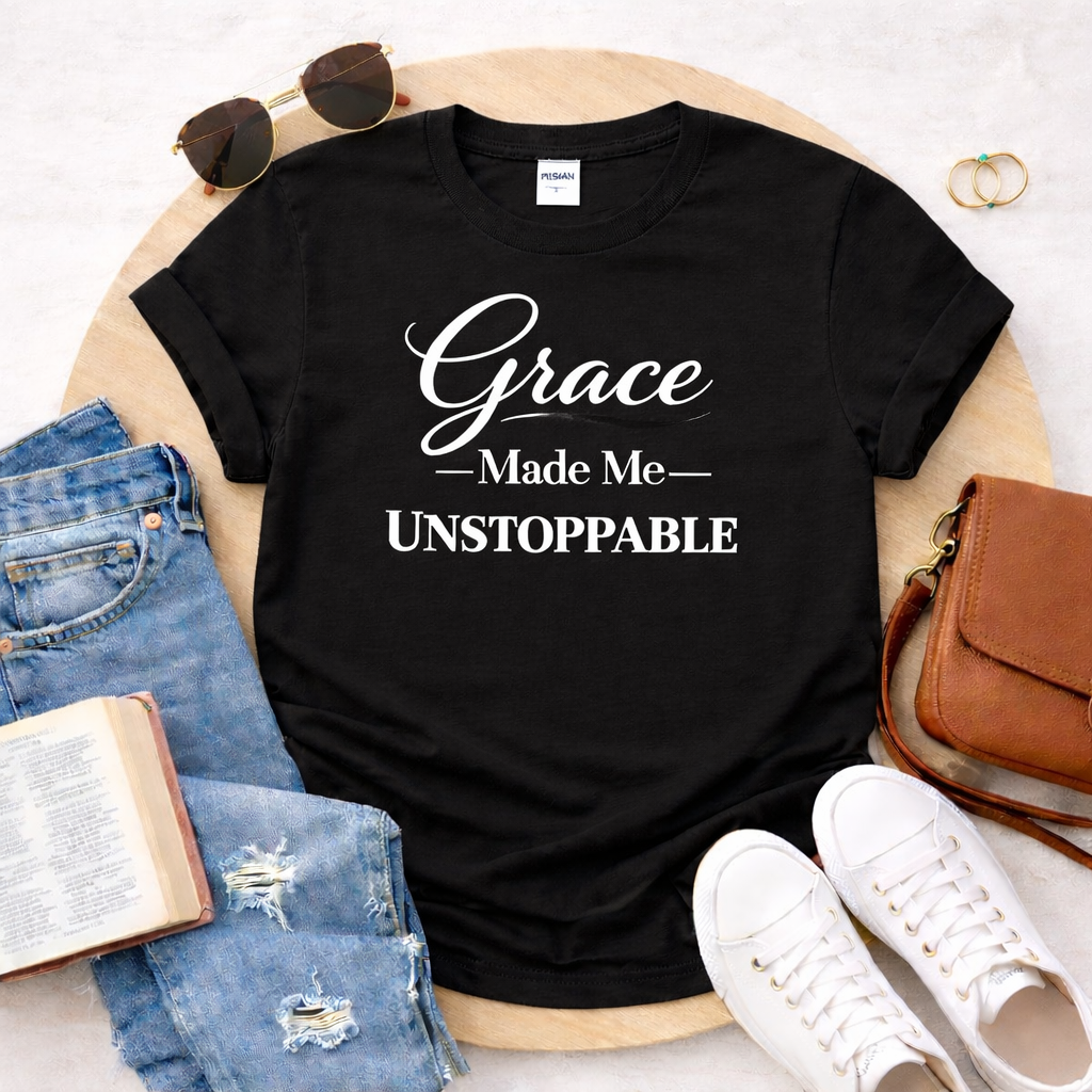 Grace Made Me Unstoppable Christian T-Shirt | Faith Based Inspirational Tee | Boutique Christian Apparel