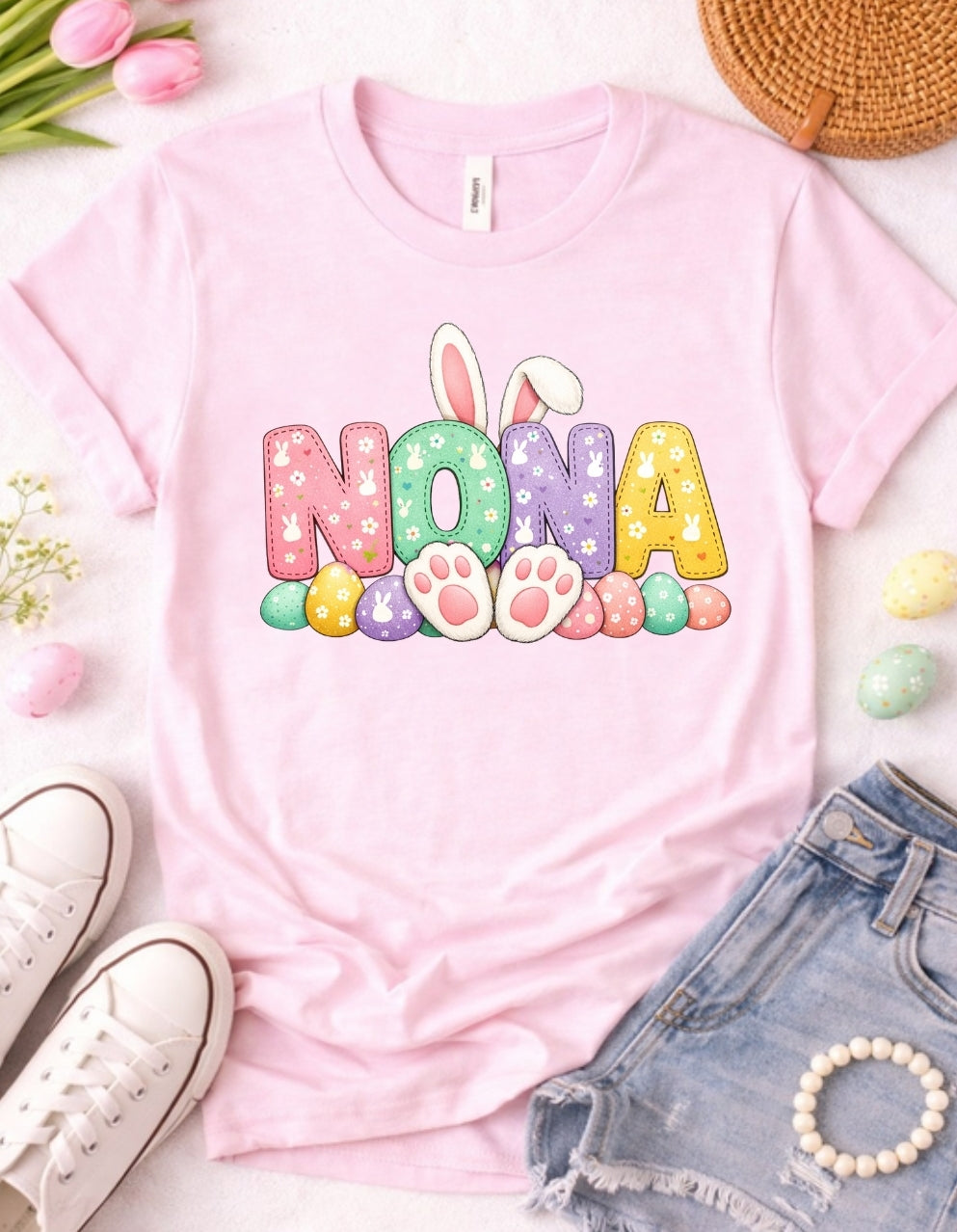 Nona Easter Bunny Shirt – Cute Grandma Spring Tee – Pastel Bunny Graphic T-Shirt – Easter Family Gift for Nona