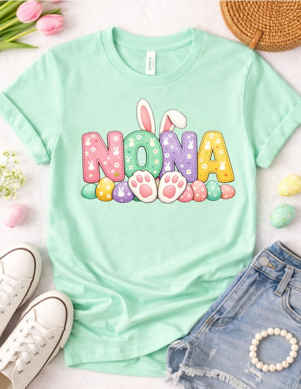 Nona Easter Bunny Shirt – Cute Grandma Spring Tee – Pastel Bunny Graphic T-Shirt – Easter Family Gift for Nona