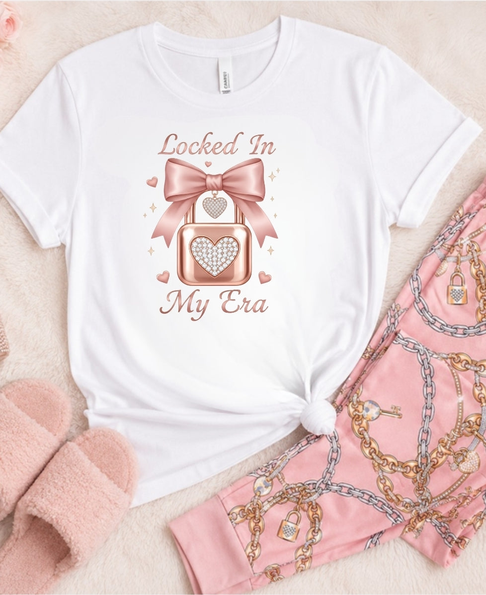 Locked In My Era Graphic Tee | Coquette Bow Lock Shirt | Trendy Pink Aesthetic Women's T-Shirt | Soft Boutique Graphic Tee