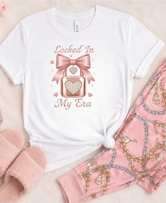 Locked In My Era Graphic Tee | Coquette Bow Lock Shirt | Trendy Pink Aesthetic Women's T-Shirt | Soft Boutique Graphic Tee