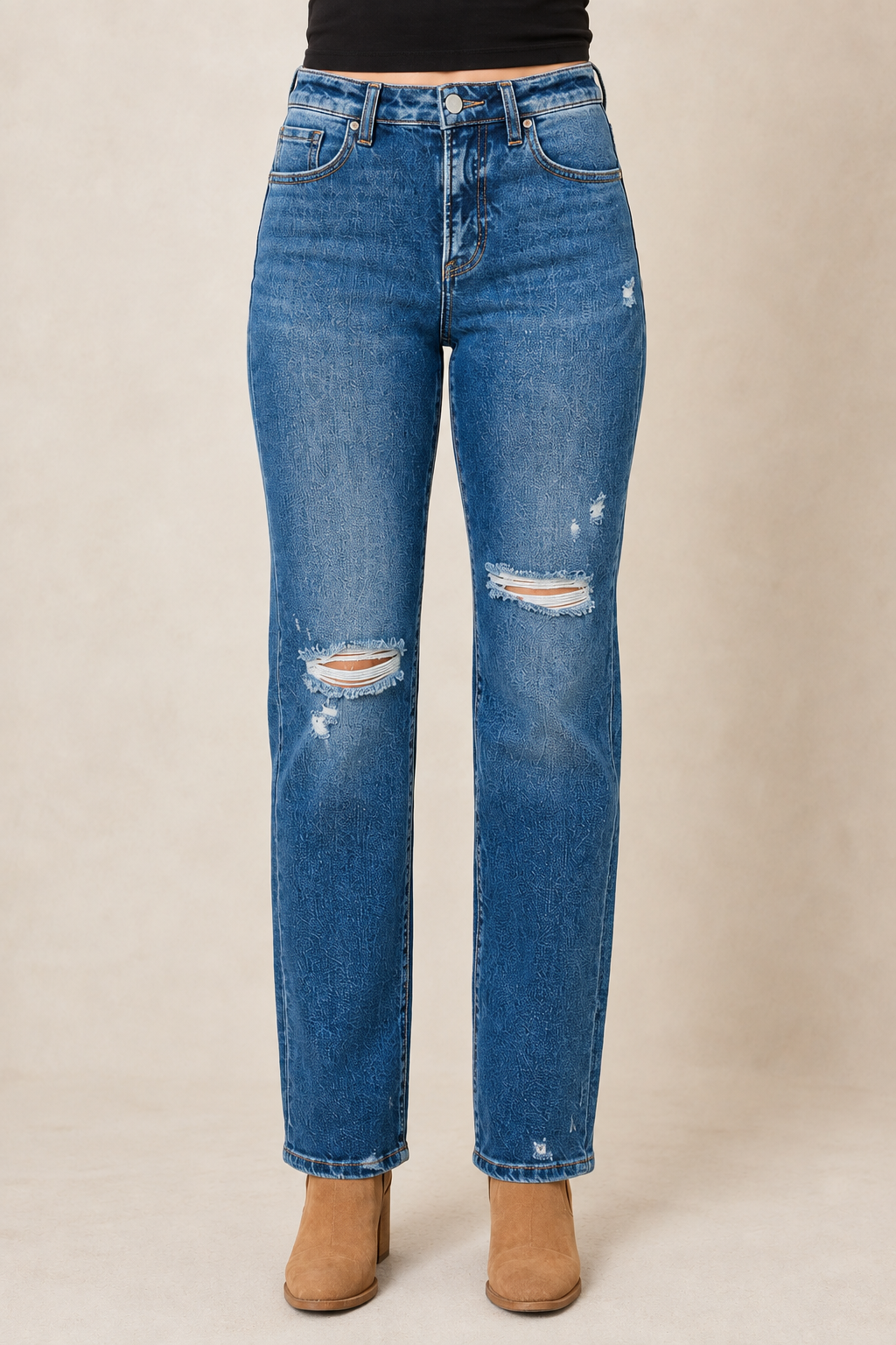 RISEN Full Size Tummy Control High Rise Straight Distressed Jeans Plus Size