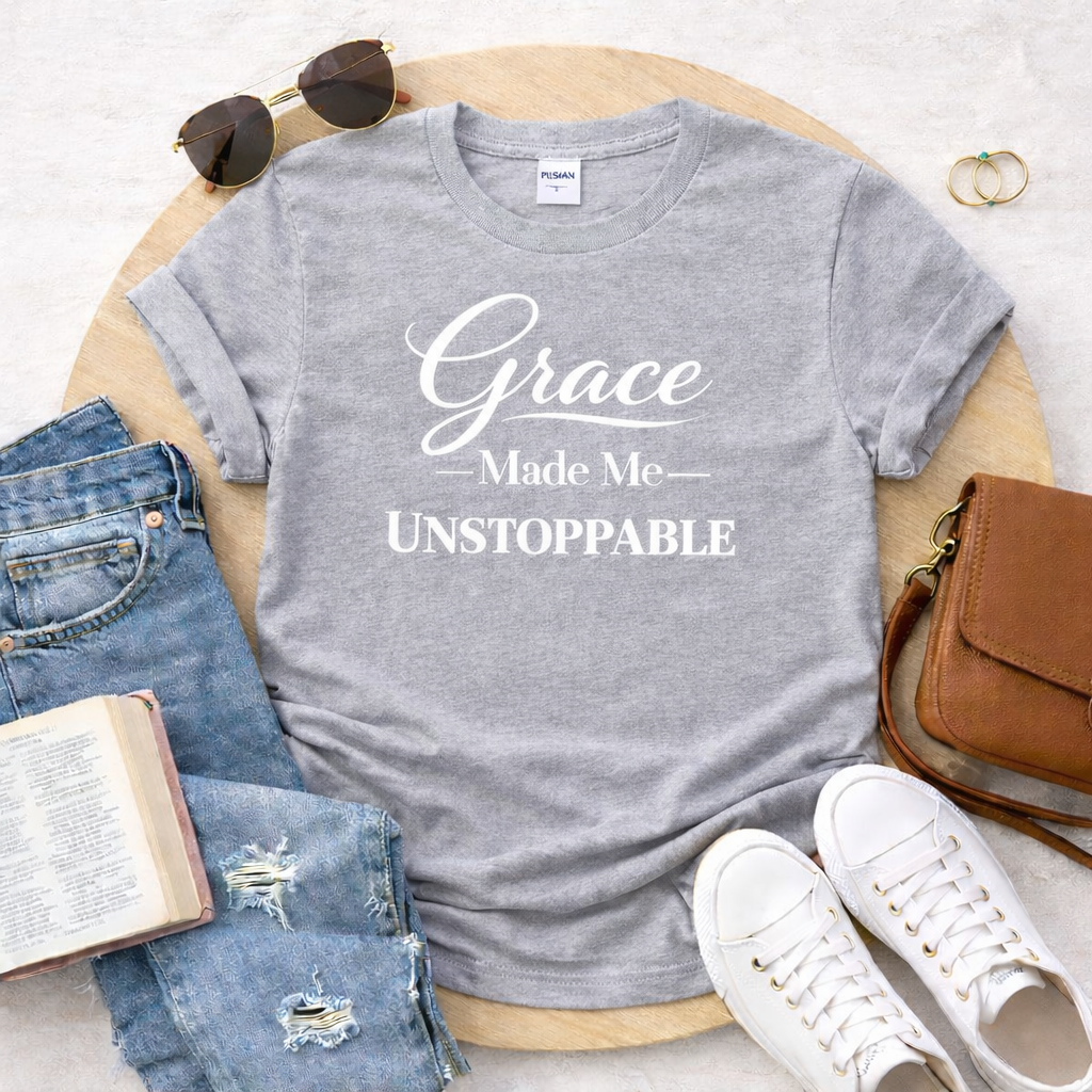 Grace Made Me Unstoppable Christian T-Shirt | Faith Based Inspirational Tee | Boutique Christian Apparel