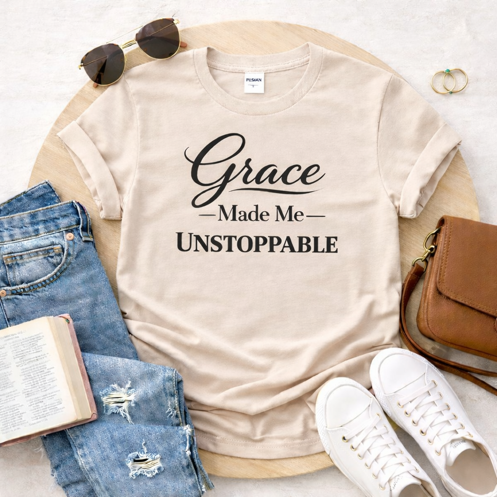 Grace Made Me Unstoppable Christian T-Shirt | Faith Based Inspirational Tee | Boutique Christian Apparel
