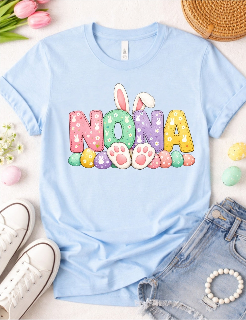 Nona Easter Bunny Shirt – Cute Grandma Spring Tee – Pastel Bunny Graphic T-Shirt – Easter Family Gift for Nona