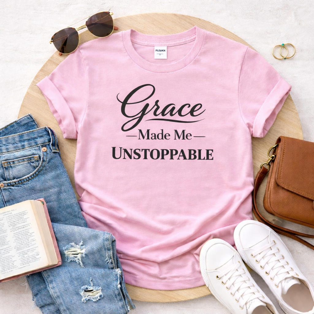 Grace Made Me Unstoppable Christian T-Shirt | Faith Based Inspirational Tee | Boutique Christian Apparel