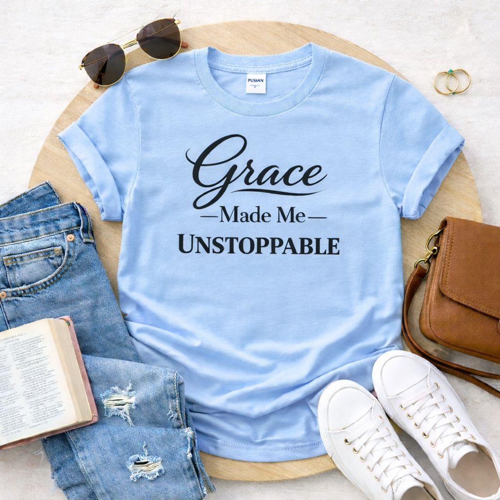 Grace Made Me Unstoppable Christian T-Shirt | Faith Based Inspirational Tee | Boutique Christian Apparel