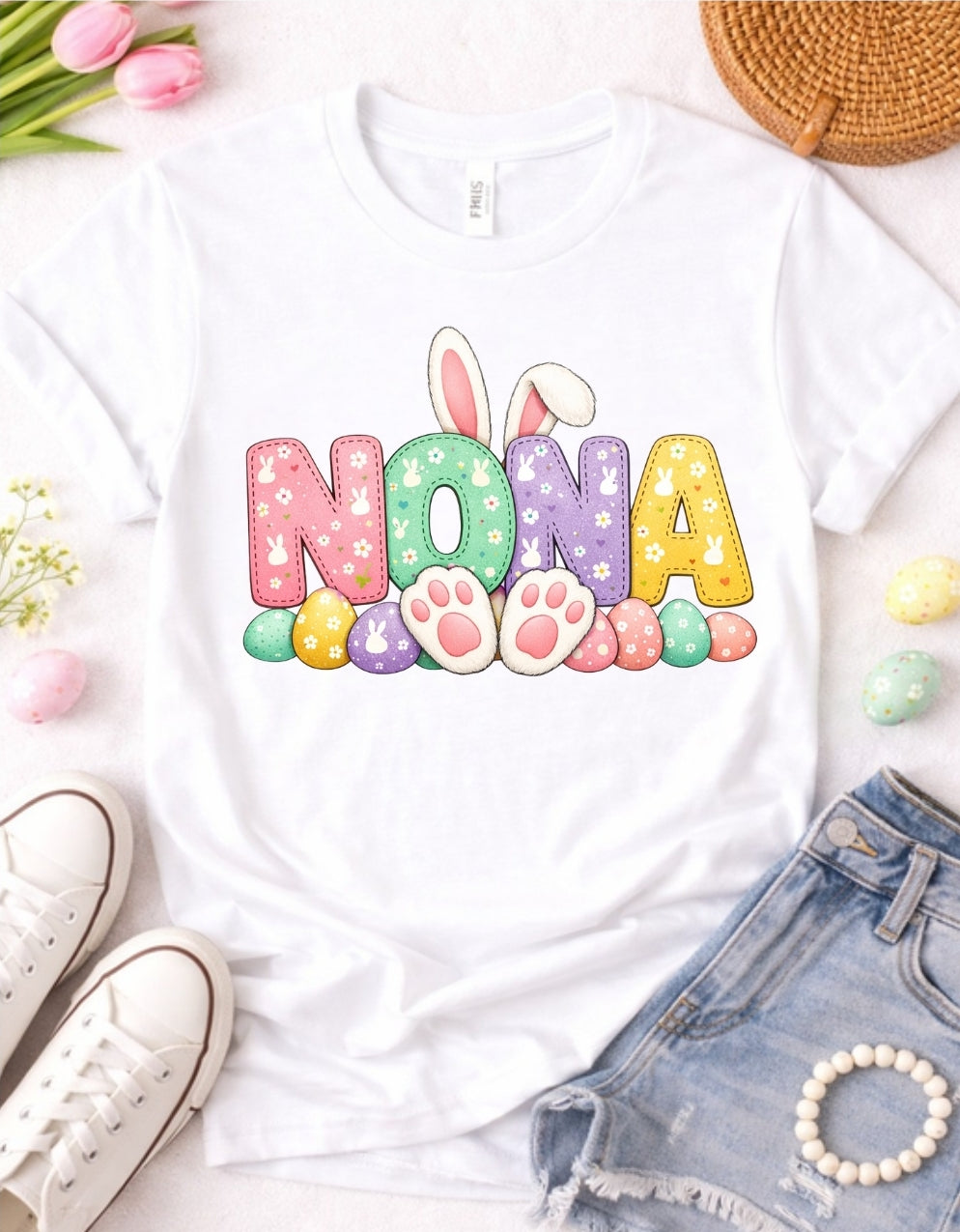 Nona Easter Bunny Shirt – Cute Grandma Spring Tee – Pastel Bunny Graphic T-Shirt – Easter Family Gift for Nona