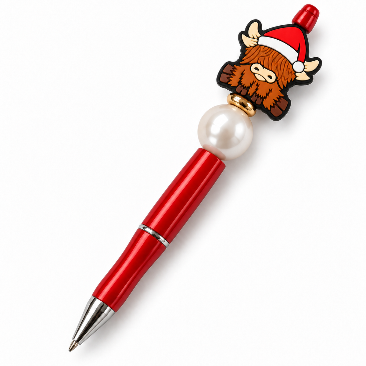Finished red Christmas Highland cow beaded pen with one 20 mm pearl-white acrylic bead and gold-tone spacer below the Santa hat cow focal.