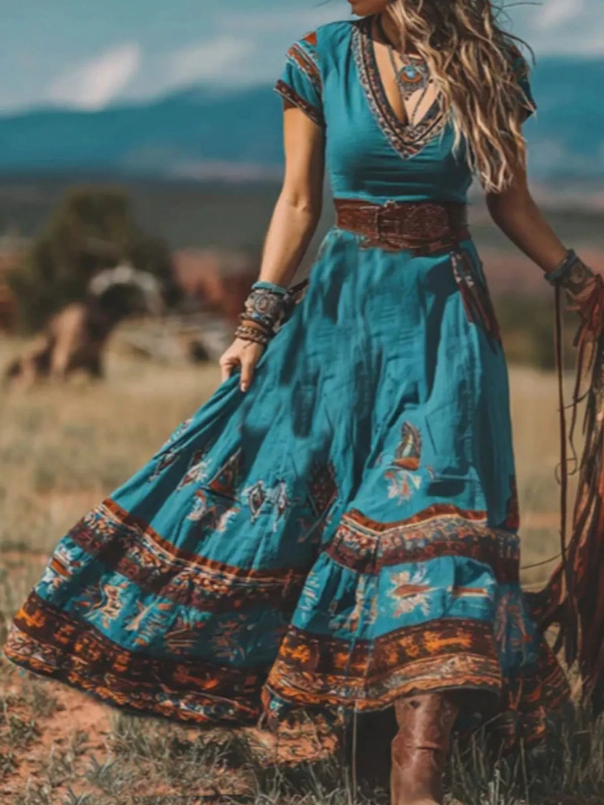 Women's turquoise blue western boho printed V-neck maxi dress