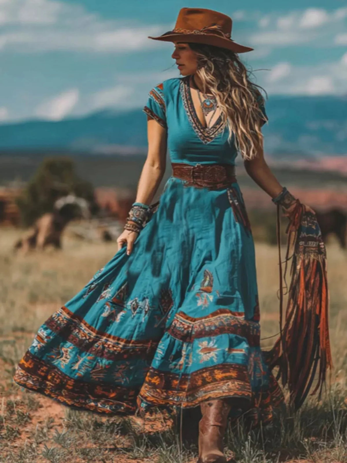 Turquoise blue western maxi dress with boho printed border detail