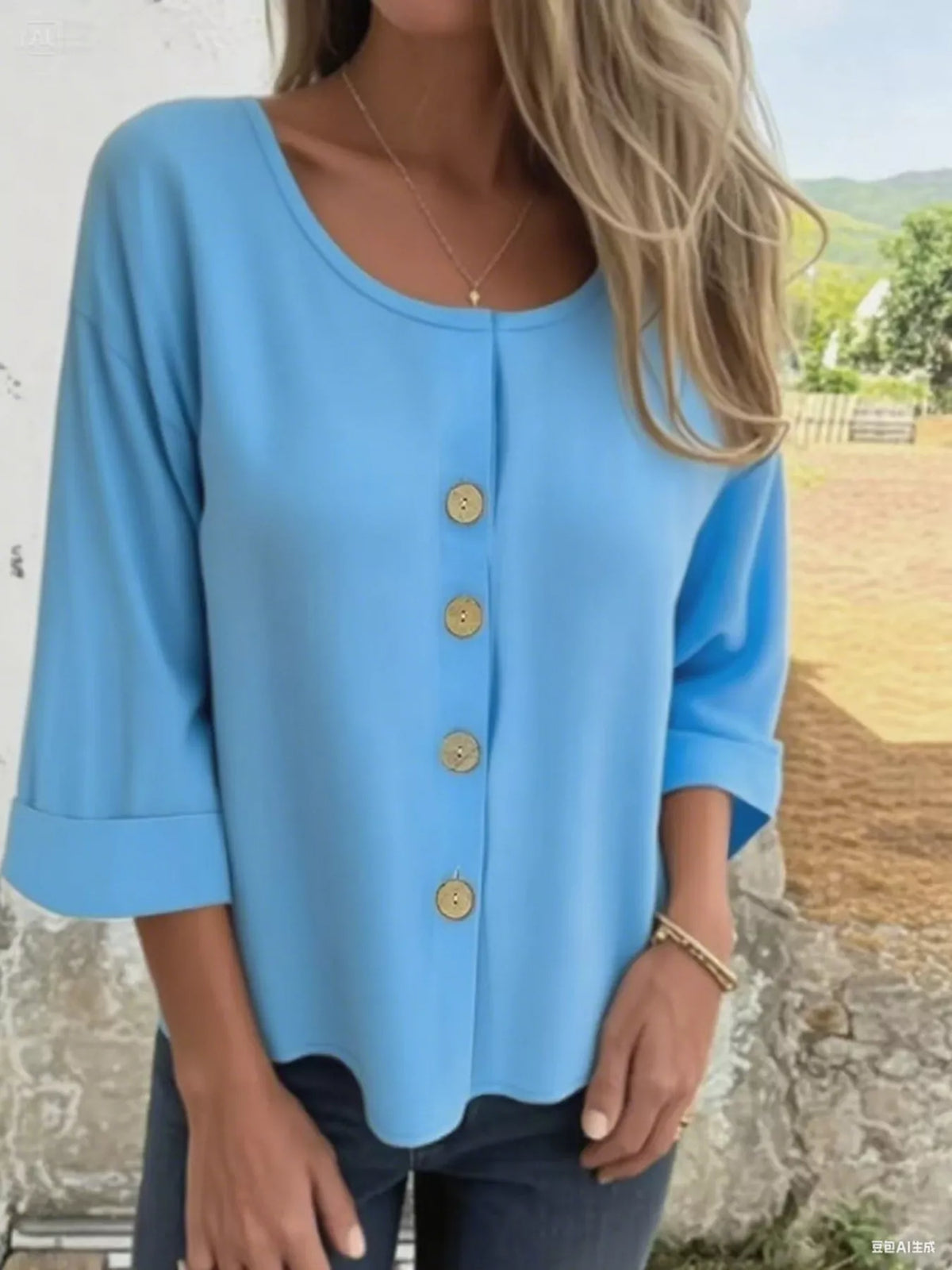 Woman wearing a blue scoop neck blouse with decorative front buttons and 3/4 sleeves