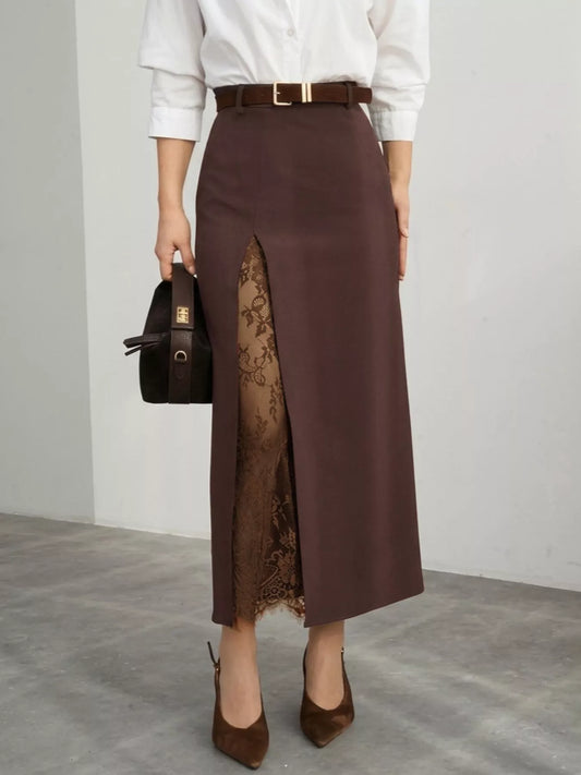 Woman wearing a brown lace-trimmed A-line midi skirt with slit