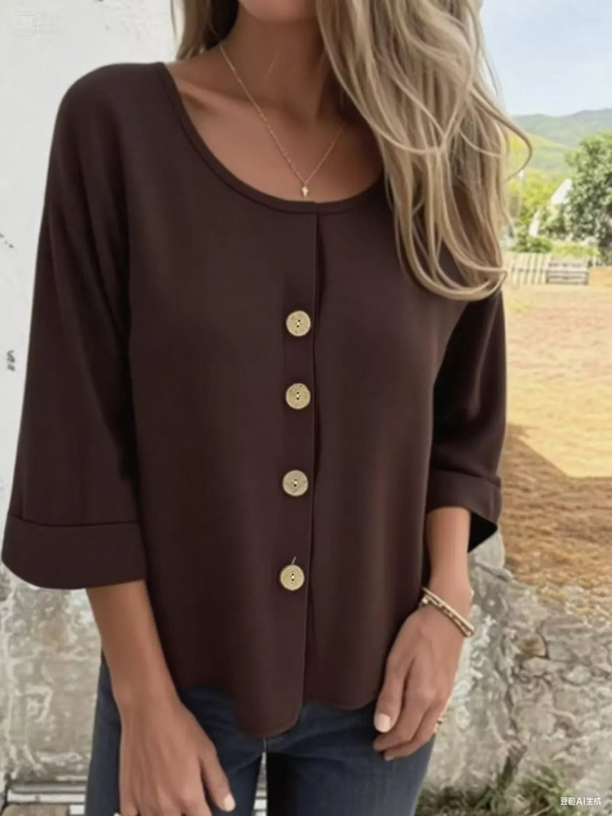 Woman wearing a brown V-neck button-front 3/4 sleeve blouse