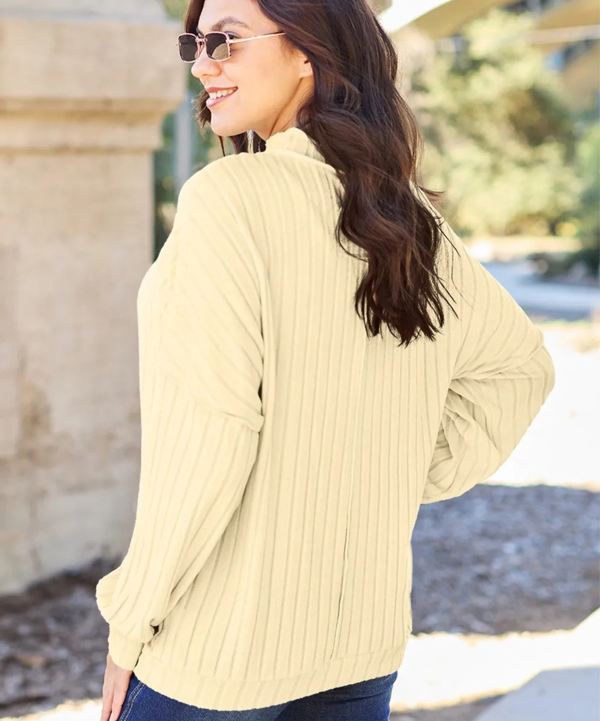 Basic Bae Full Size Ribbed Exposed Seam Mock Neck Knit Top