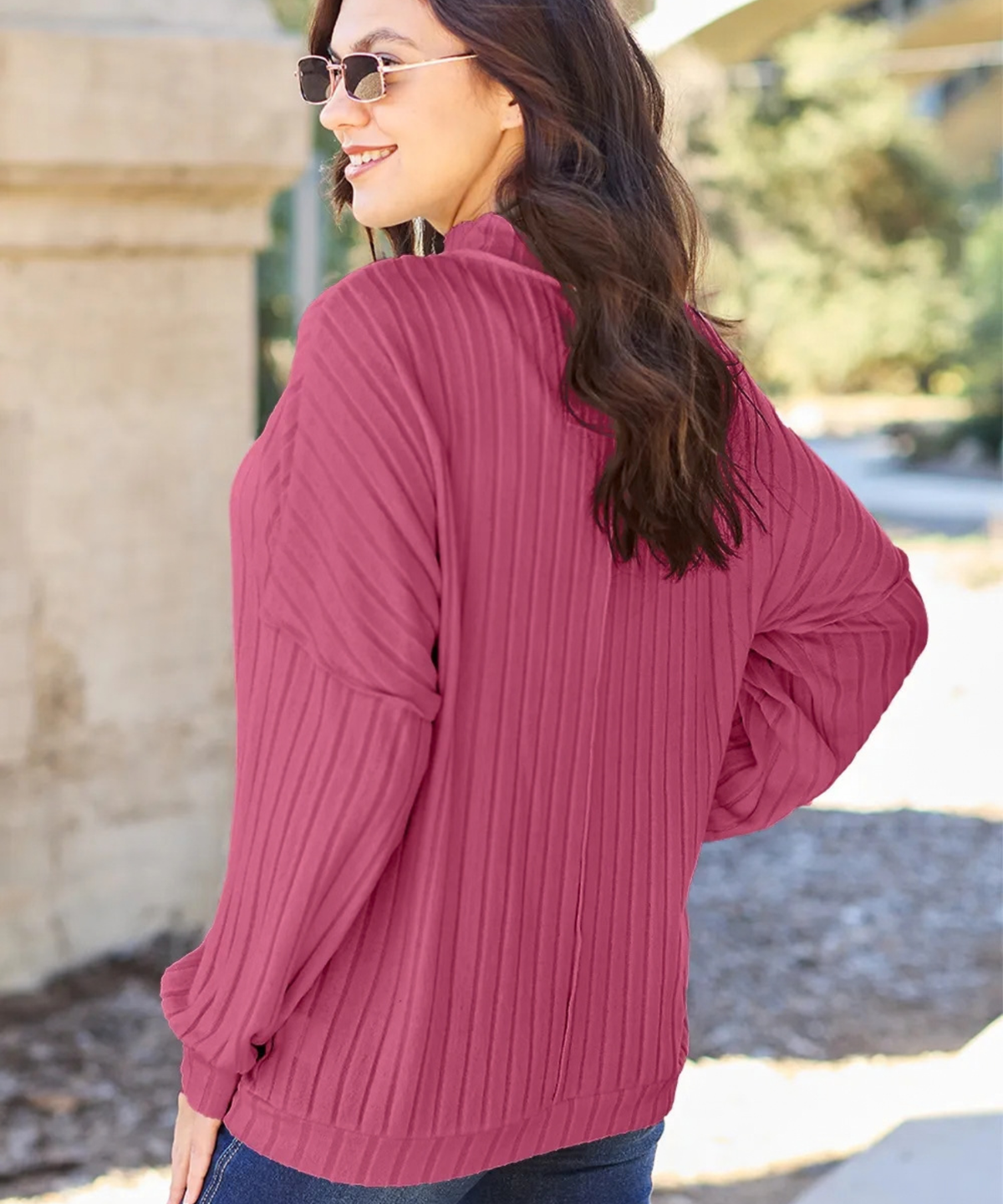 Basic Bae Full Size Ribbed Exposed Seam Mock Neck Knit Top