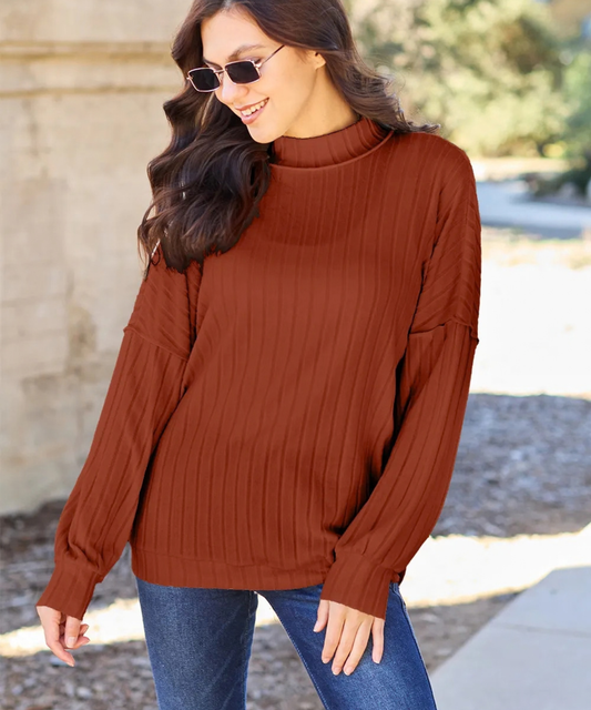 Basic Bae Full Size Ribbed Exposed Seam Mock Neck Knit Top