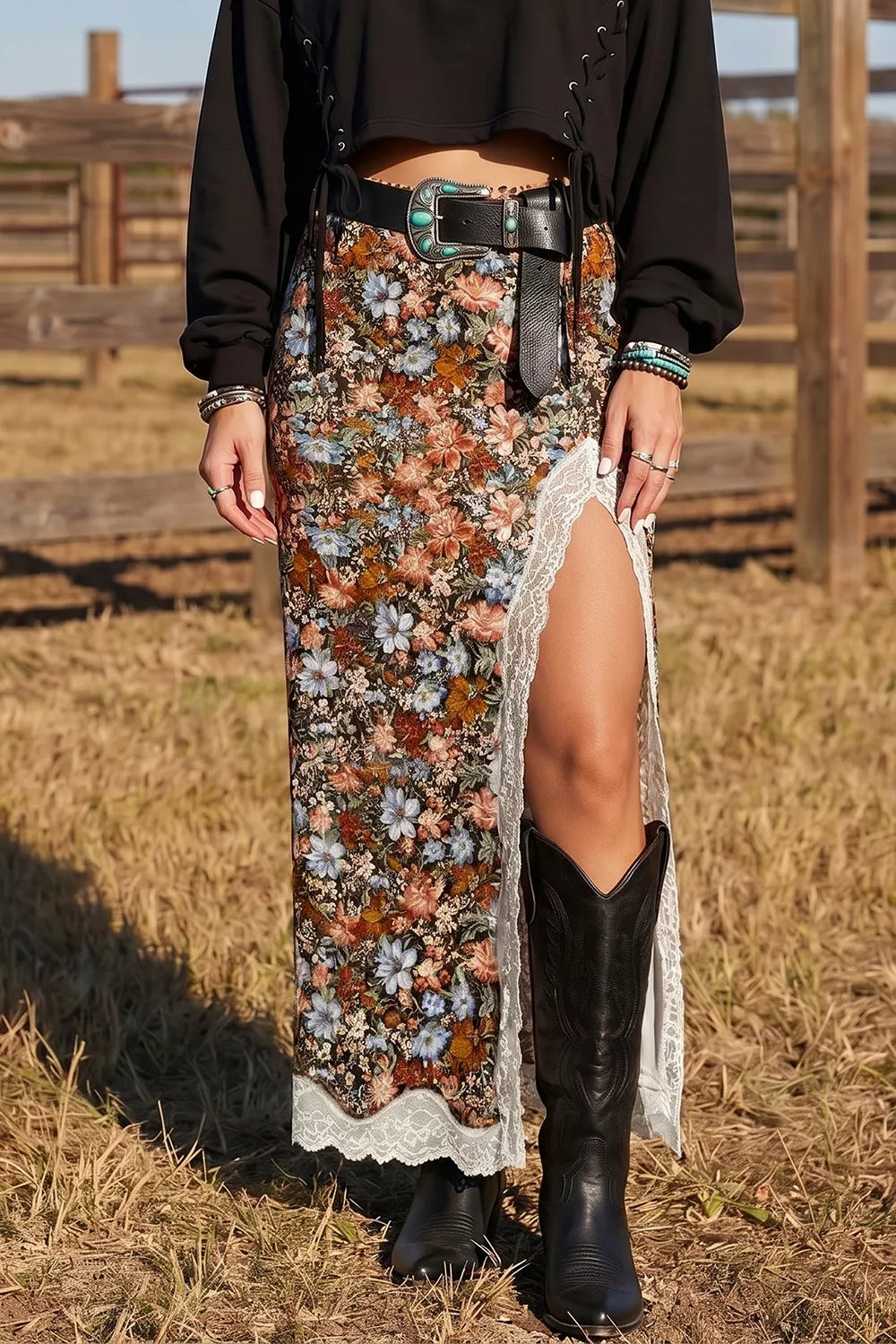 Woman wearing a Western floral print maxi skirt with lace trim and high side slit