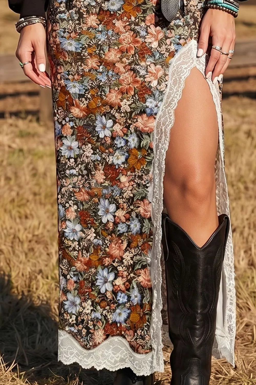Women's Western maxi skirt featuring floral print, lace trim and animal-print accents