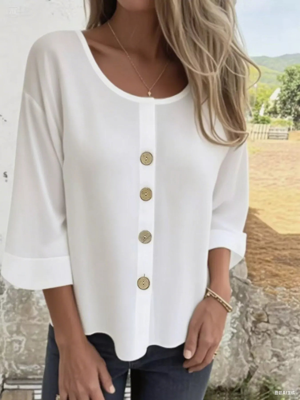 Woman wearing a white V-neck button-front 3/4 sleeve blouse