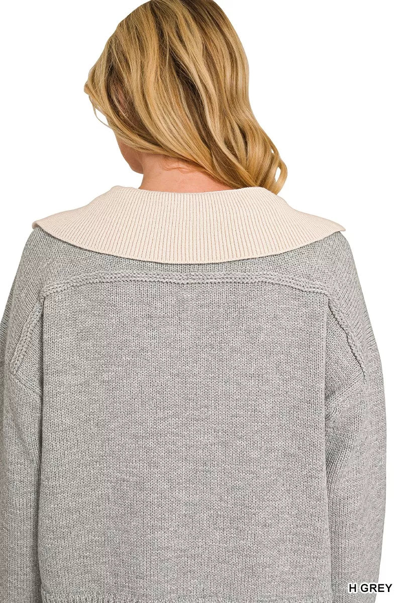 Back view of the Zenana heather gray sweater with a contrasting wide collar
