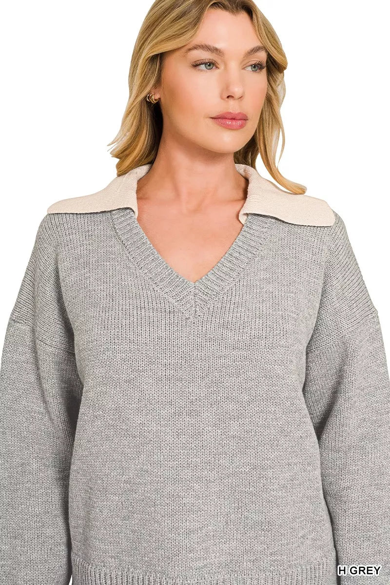 Front detail of the Zenana heather gray sweater with a contrasting collar and V-neckline
