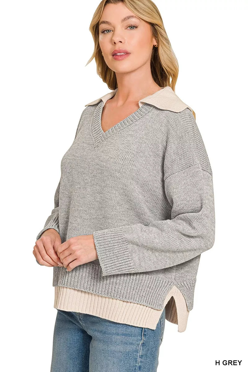 Model wearing the Zenana dual-look collared V-neck sweater in heather gray