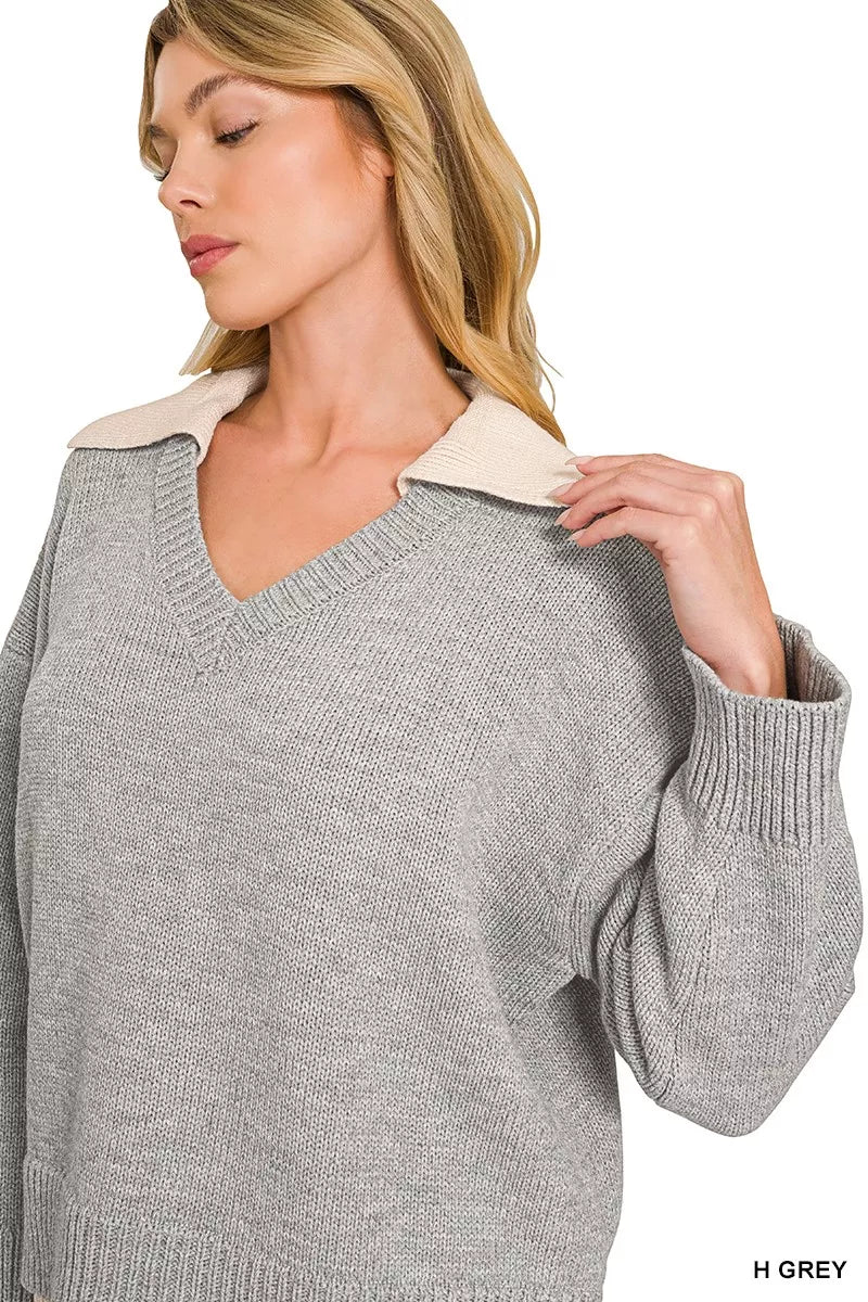 Close-up of the contrasting collar and V-neckline on the Zenana heather gray sweater